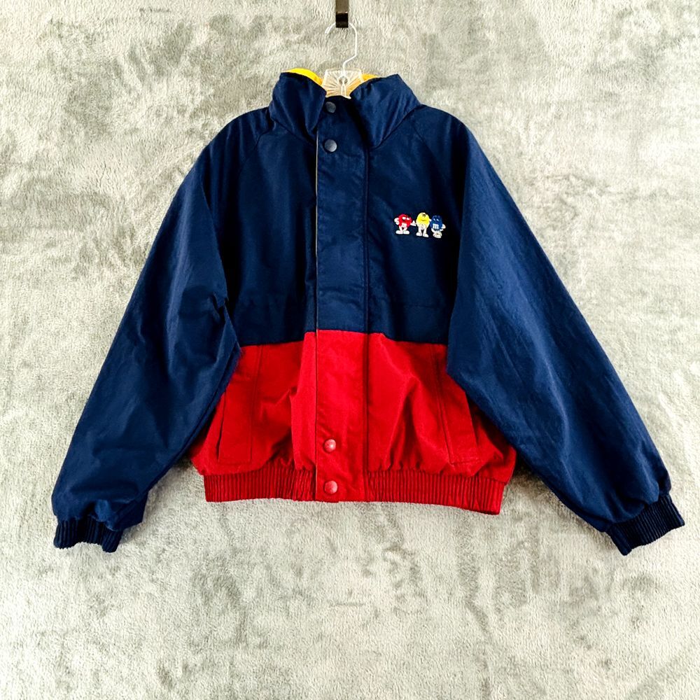 M&M Candy Embroidered Jacket Adult S Colorblock Red Blue‎ Full Zip Optional Hood